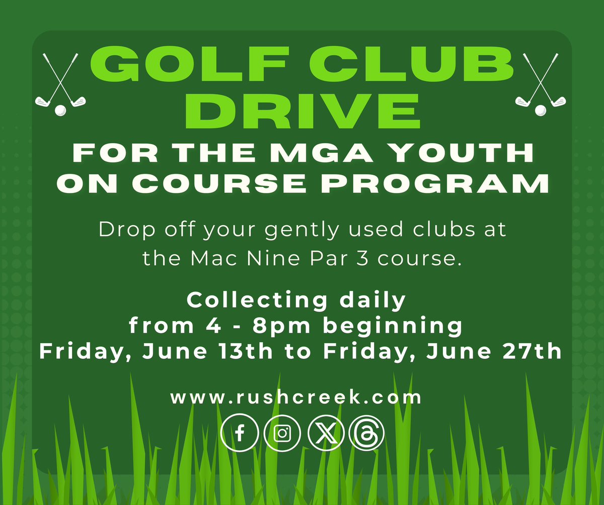 Rush Creek Golf Club (@rushcreekgc) on Twitter photo Rush Creek is proud to be a drop off location for gently used golf clubs for the <a href="/MNGolfAssn/">Minnesota Golf Association</a> Youth On Course Program!
Beginning tomorrow, June 13th through Friday, June 27th, bring your clubs to the Mac Nine course to donate. Rush Creek is proud to be a drop off location for gently used golf clubs for the <a href="/MNGolfAssn/">Minnesota Golf Association</a> Youth On Course Program!
Beginning tomorrow, June 13th through Friday, June 27th, bring your clubs to the Mac Nine course to donate.