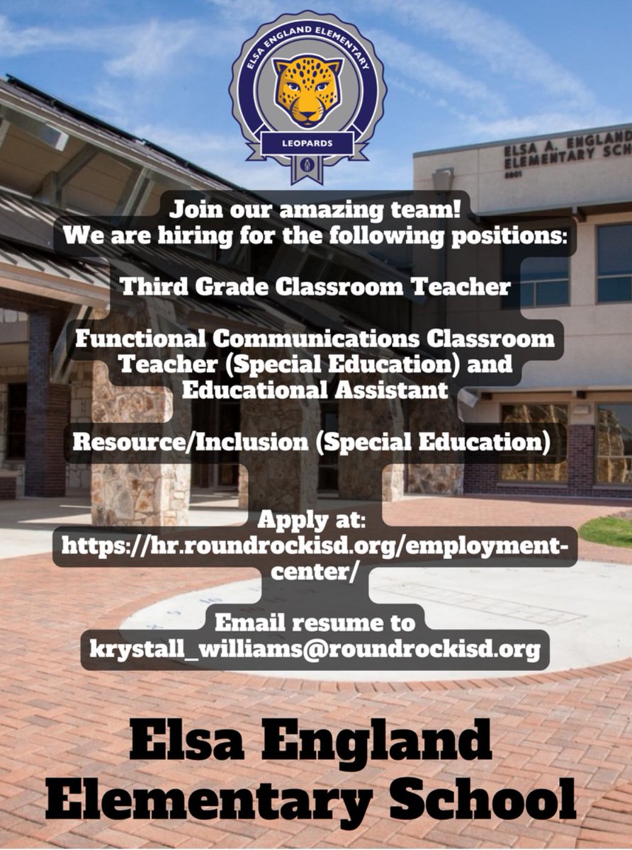 We still have a few key positions open at Elsa England and would love to meet you! (Shares appreciated) <a href="/RoundRockISD/">Round Rock ISD</a>