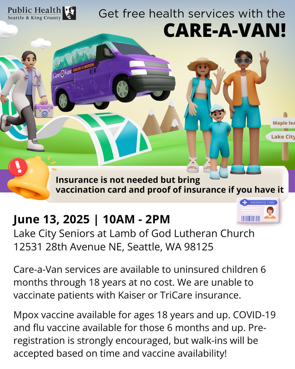 Lake City--come on by and see the Care-a-Van for free health services! Services include COVID-19 and flu vaccines.

6/13 10AM - 2PM
Lake City Seniors at Lamb of God Lutheran Church
12531 28th Avenue NE
Seattle, WA 98125

More info: kingcounty.gov/FindaClinic.