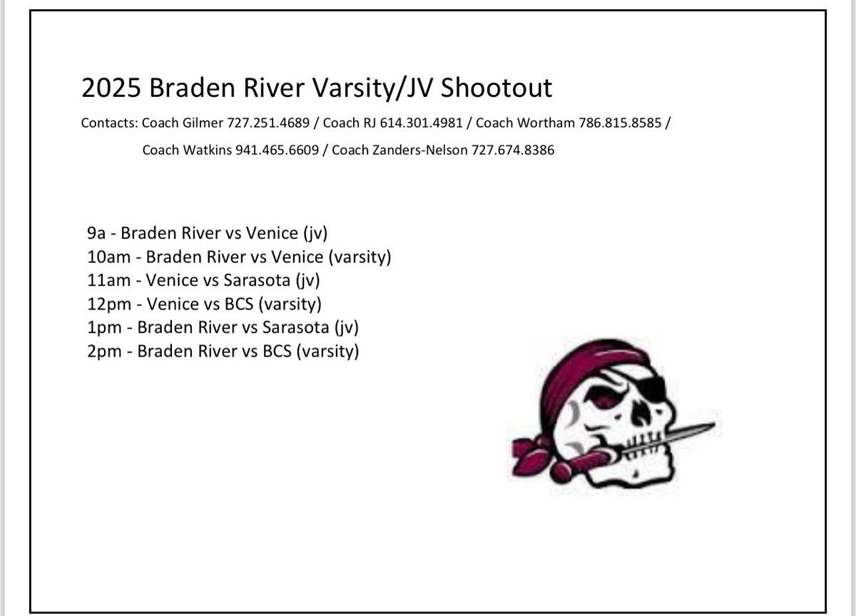 There is some good basketball taking place at Braden River over the next few days. JV summer league tonight and Var/JV Shootout on Sat. 

Thurs., June 12th
530p - SMA vs North Port
630p - Sarasota vs Booker
730p - Braden River vs Lennard
830p - Gibbs vs East Bay