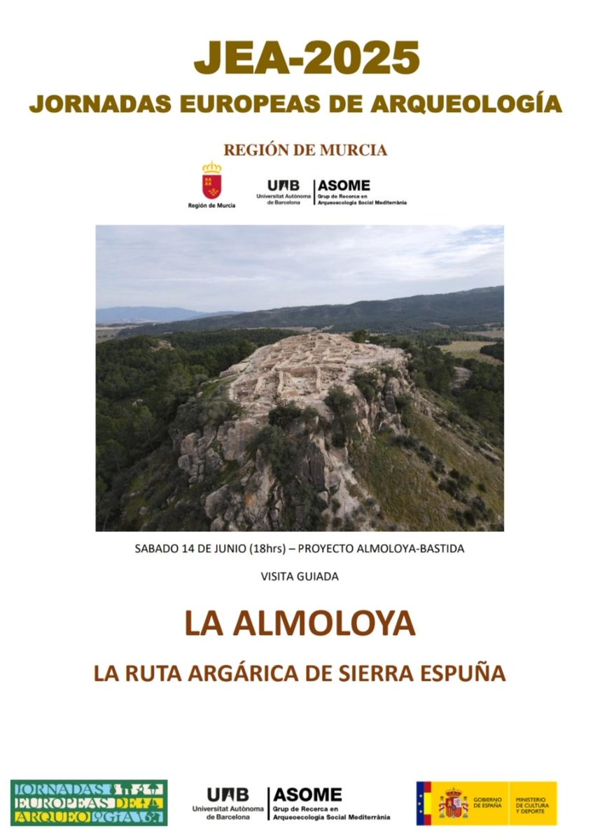 En el marco de las Jornadas Europeas de Arqueologia el próximo sábado 14 de junio a las 18 h puedes visitar La Almoloya de la mano de los investigadores del Proyecto Almoloya-Bastida.
Reservas: pr.labastida@uab.cat
#patrimonio #murcia #pliego