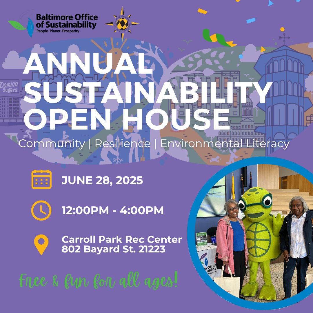 🎉 What does a greener, safer Baltimore look like? Find out at our Sustainability Open House!

🗓️ Sat, June 28 |  ⏰ 12–4 PM
📍 Carroll Park Rec Center (800 Bayard St, 21223)

✅ Free food
✅ Kids' activities
✅ Free plants 🪴
✅ Info on how YOU can go green!