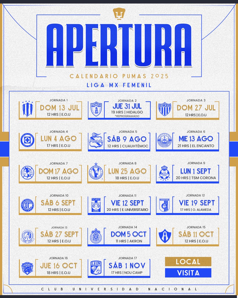 🗓️ ¡Ya está listo el calendario! ✅

Aquí están las fechas que marcarán nuestro camino en el Apertura 2025. 🐾⚽️ 

¡A seguir haciendo historia juntos, auriazules! ✍️
