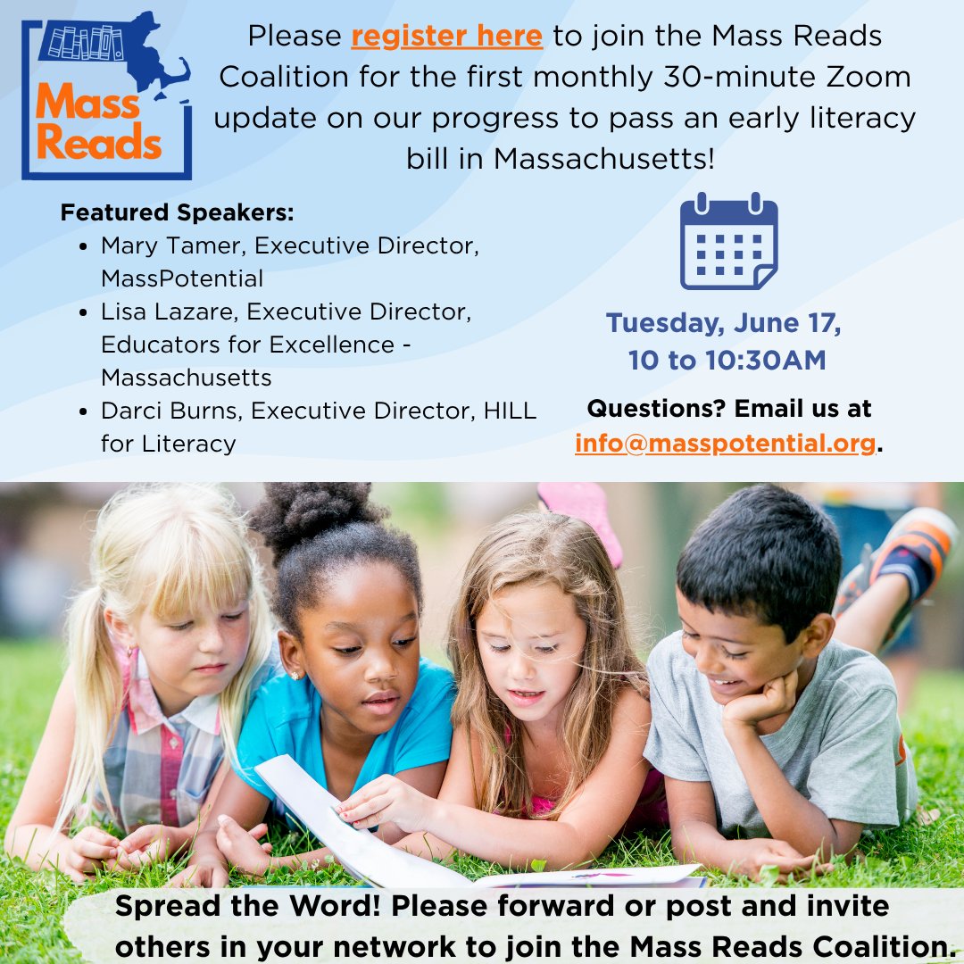 Join the Mass Reads Coalition this Tuesday, June 17 @ 10AM for the first 30-minute monthly Zoom call for updates on efforts to pass a comprehensive early #literacy bill in #Massachusetts! Register here &amp; spread the word by inviting others in your network!
lnkd.in/gDW4HiAX