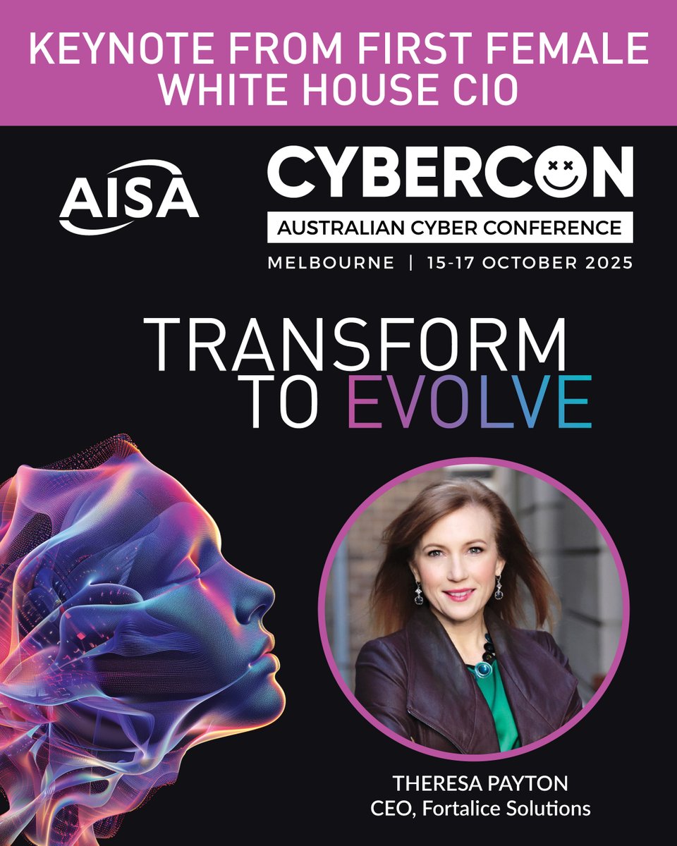 AISA National (@aisa_national) on Twitter photo Back bigger - #CyberConMelbourne2025
1st Female White House CIO <a href="/TrackerPayton/">Theresa Payton ✪</a> Keynotes!
Save big on Early Bird discount 'til 30 June.
Get your tickets today: zurl.co/5Yqw7
Proudly Supported By <a href="/VicGovAu/">Victorian Government</a>
#CyberConMelbourne2025 #CyberSecurity #AuCyberCon25 Back bigger - #CyberConMelbourne2025
1st Female White House CIO <a href="/TrackerPayton/">Theresa Payton ✪</a> Keynotes!
Save big on Early Bird discount 'til 30 June.
Get your tickets today: zurl.co/5Yqw7
Proudly Supported By <a href="/VicGovAu/">Victorian Government</a>
#CyberConMelbourne2025 #CyberSecurity #AuCyberCon25