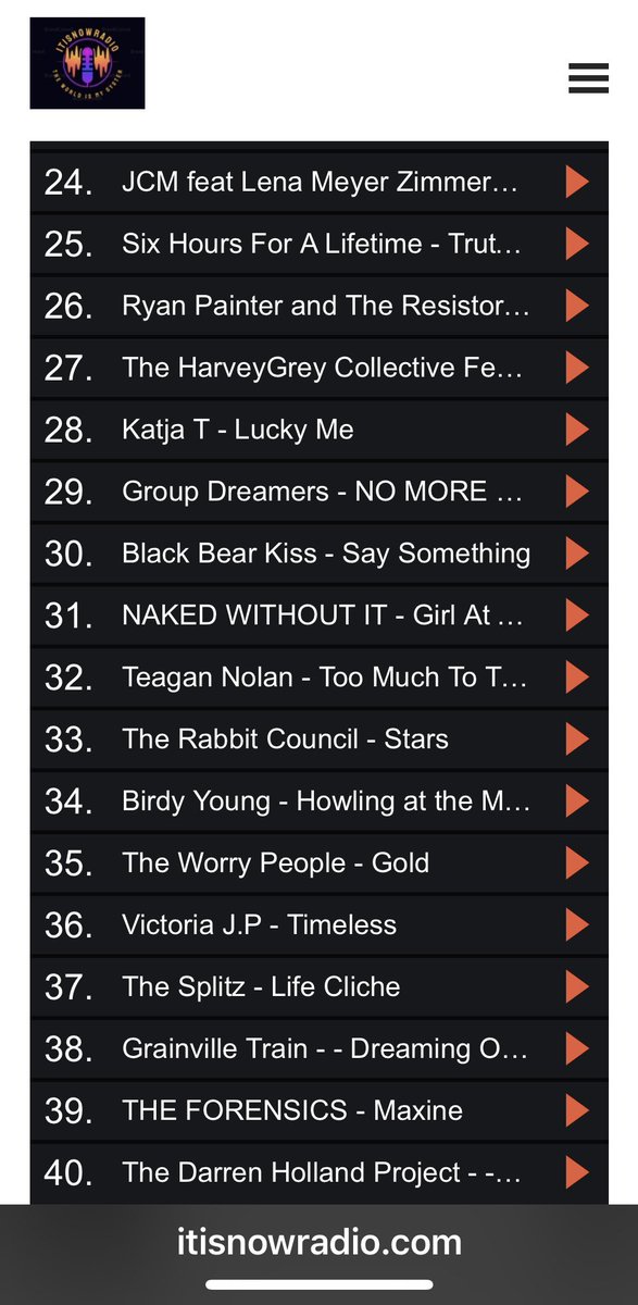 BigG Mgmt and PR Services (@bigg_mgmt_pr) on Twitter photo Great to see 3 our our roster in the <a href="/itisnowpod/">Itisnow Radio Station</a> #Top40
No.31 ‘Girl At The Bar’ <a href="/nwiband/">Naked Without It</a>
New Entry No.35 ‘Gold’ <a href="/Theworrypeople_/">The Worry People</a>
No.39 ‘Maxine’ <a href="/Forensicsband/">The Forensics</a>
Thanks to Marcus and all who voted.
You can tune in or vote here: itisnowradio.com/top-40.html Great to see 3 our our roster in the <a href="/itisnowpod/">Itisnow Radio Station</a> #Top40
No.31 ‘Girl At The Bar’ <a href="/nwiband/">Naked Without It</a>
New Entry No.35 ‘Gold’ <a href="/Theworrypeople_/">The Worry People</a>
No.39 ‘Maxine’ <a href="/Forensicsband/">The Forensics</a>
Thanks to Marcus and all who voted.
You can tune in or vote here: itisnowradio.com/top-40.html