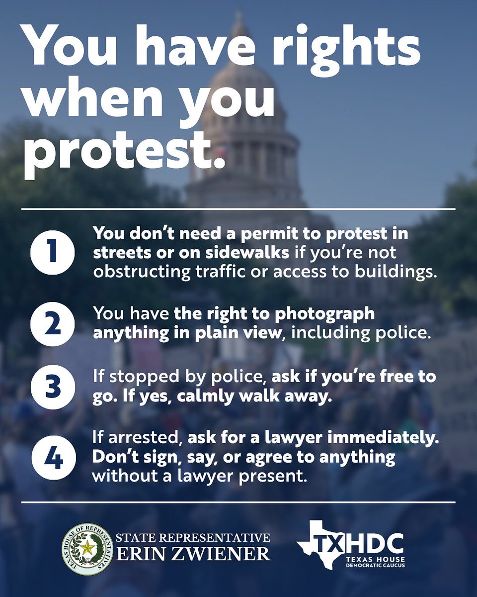 ErinForYall's tweet image. You have a fundamental constitutional right to protest.
Here are four important facts to know when you attend a protest to keep you and your community safe.
Knowledge is power and democracy depends on your voice. #txlege
