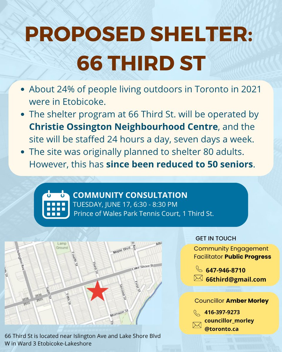 The City of Toronto is planning to open up 20 new shelter sites by 2033. In-person community consultations will be held next week in Scarborough and Etobicoke around two of these sites. This is a great opportunity to show your support.