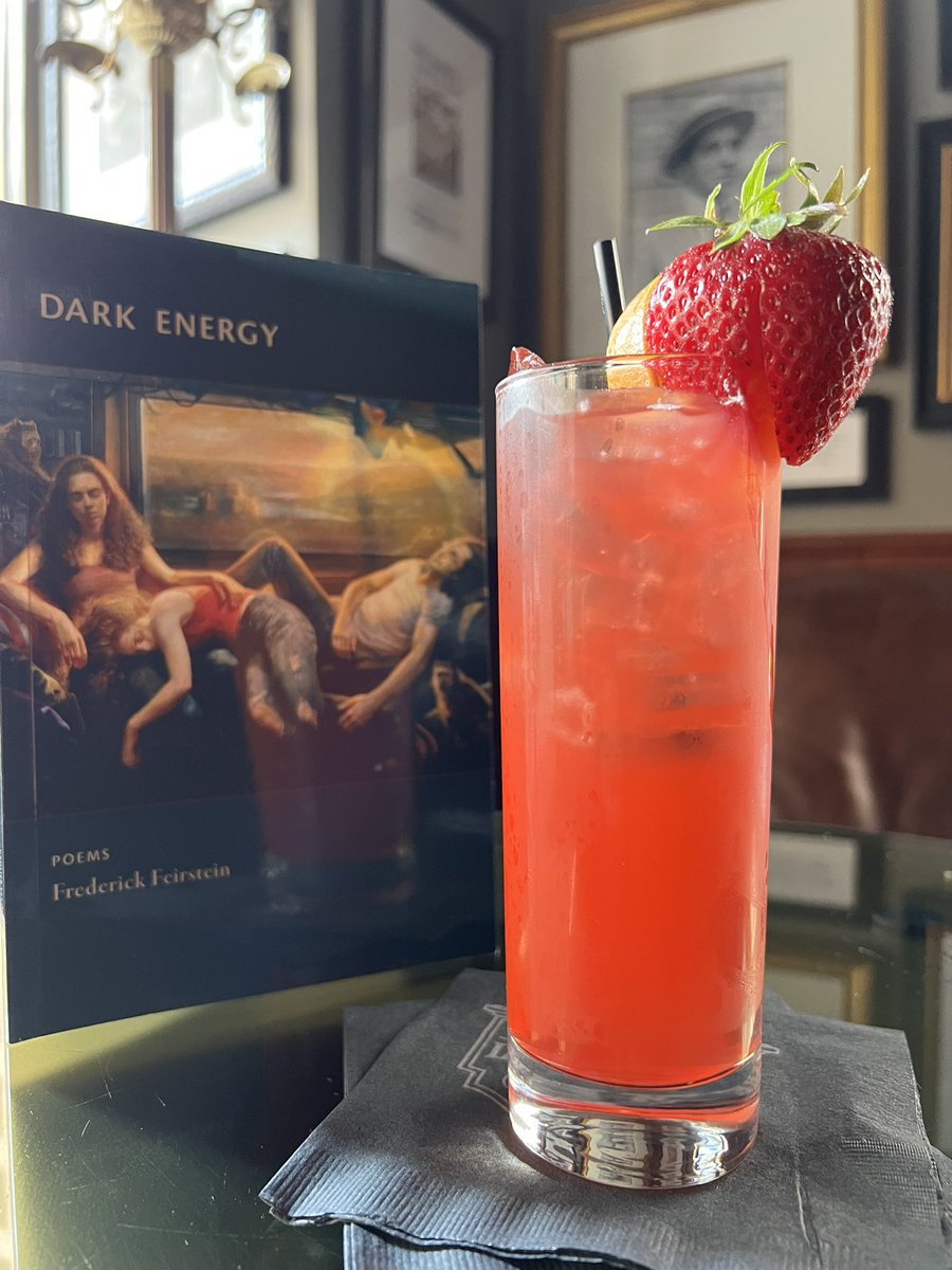 Poetry with a Spritz 

Dark Energy by Frederick Feirstein
&amp;
a Pimm’s Cup

Pimm’s cup is a delicious almost Spritzer

dark and lushes like a secret garden which this cover vibed

1.5 oz Pimm’s # 1
Filler ginger ale
Often this is best with a cucumber 🥒 
Today felt 🍓