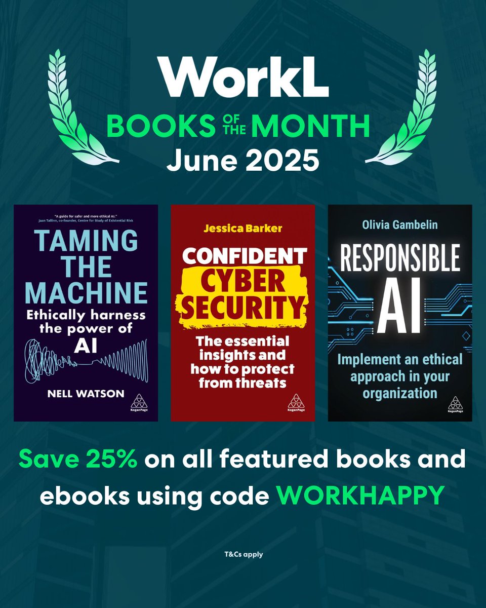 We're happy to announce this month's featured books for you to read on the WorkL Bookstore - the home of business books to help you work happier! 📚🎉

📘 ‘Taming the Machine’ by Nell Watson (<a href="/NellWatson/">Nell Watson 🤖🧠⚖️</a>) 
📙 ‘Confident Cyber Security’ by Jessica Barker (@jdrjessicabarker)
📗