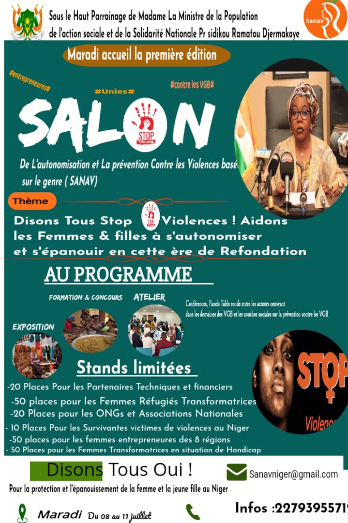 Maradi accueil la première édition Du Salon National de l'autonomisation et la prévention contre les violences basées sur le genre du 08 au 11 juillet 2025

Appel aux partenaires &amp; sponsors
<a href="/Unicefniger/">UNICEF Niger</a> <a href="/unfpaniger/">UNFPA Niger</a> <a href="/SaveChildrenNE/">Save the Children - Niger</a> <a href="/msfbelgique/">MSF Belgique</a> <a href="/EnabelauNiger/">Enabel au Niger</a> <a href="/ItalyinNiger/">ItalyinNiger</a>