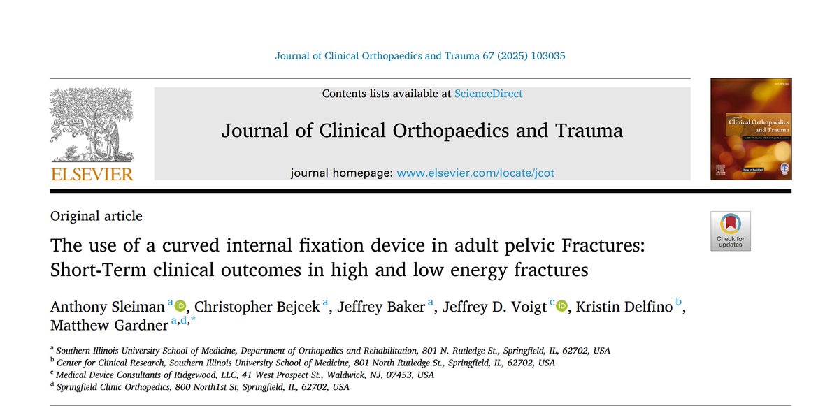 New Journal Article:
The short-term clinical outcomes in patients with pelvic ring and acetabular injuries demonstrate that operative fixation is safe and allows early inpatient mobilization.

Read the full article:
sciencedirect.com/science/articl…
