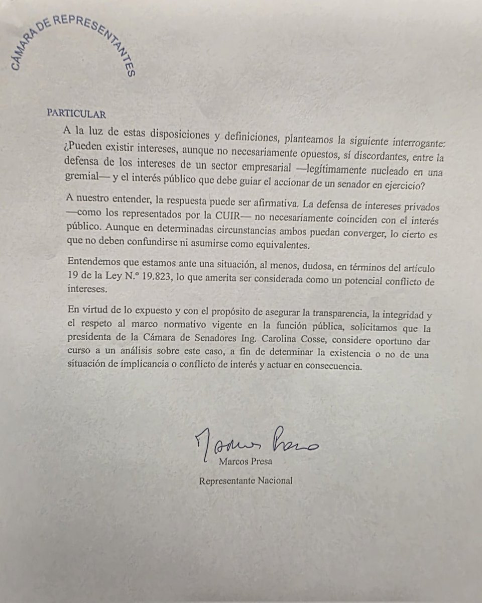 Marcos Presa 6️⃣0️⃣9️⃣ (@marcospresa609) on Twitter photo Como ya exprese el senador <a href="/camboue/">Sebastian Da Silva</a>, podría incurrir en conjuncion de intereses.
Dimos inicio parlamentario a esta situacion. Como ya exprese el senador <a href="/camboue/">Sebastian Da Silva</a>, podría incurrir en conjuncion de intereses.
Dimos inicio parlamentario a esta situacion.