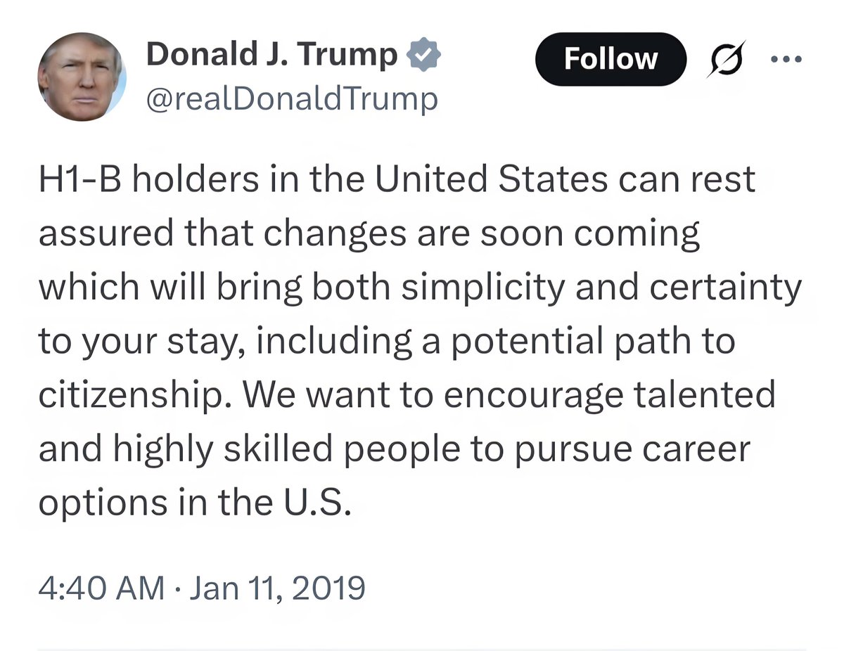 ShadesOfBlueAn1's tweet image. When Trump says "changes are coming" it usually means nada.
In 2019, he said this about H1B.