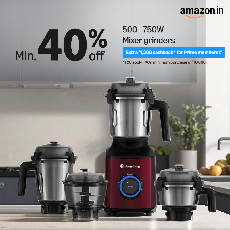 amazon's tweet photo. Grab your perfect mixer grinder now at 40% off or more!