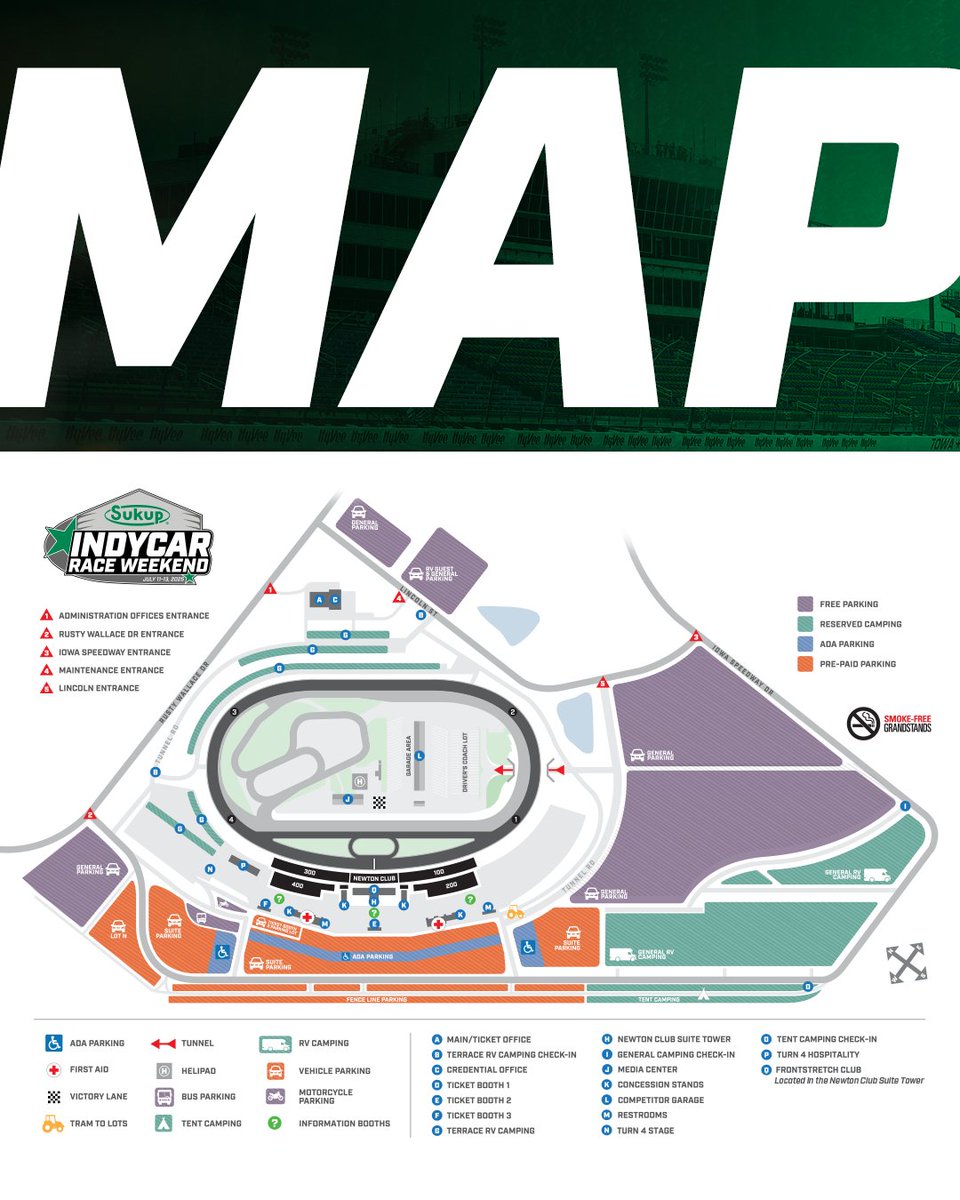 Your map to the 2025 <a href="/SukupMfg/">Sukup Manufacturing Co.</a> INDYCAR Race Weekend at <a href="/iowaspeedway/">Iowa Speedway</a>!
