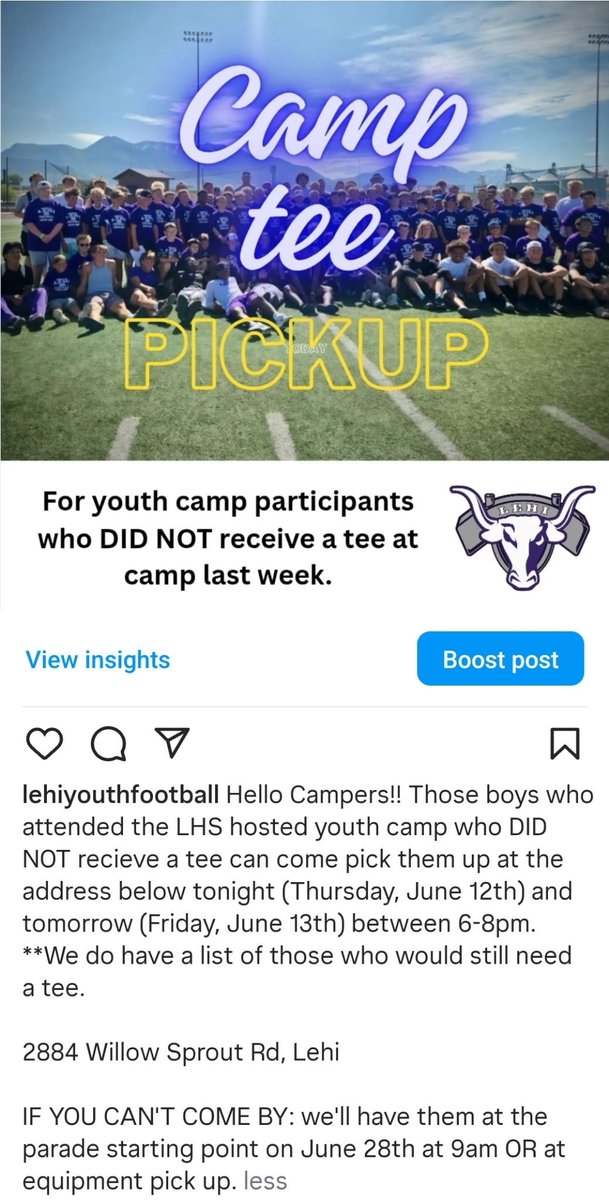 For Lehi youth camp participants who did not receive a shirt at camp last week, come pick them up tonight! Details below:

Thursday June 12 and Friday June 13
Between 6-8 pm
2884 Willow Sprout Rd, Lehi