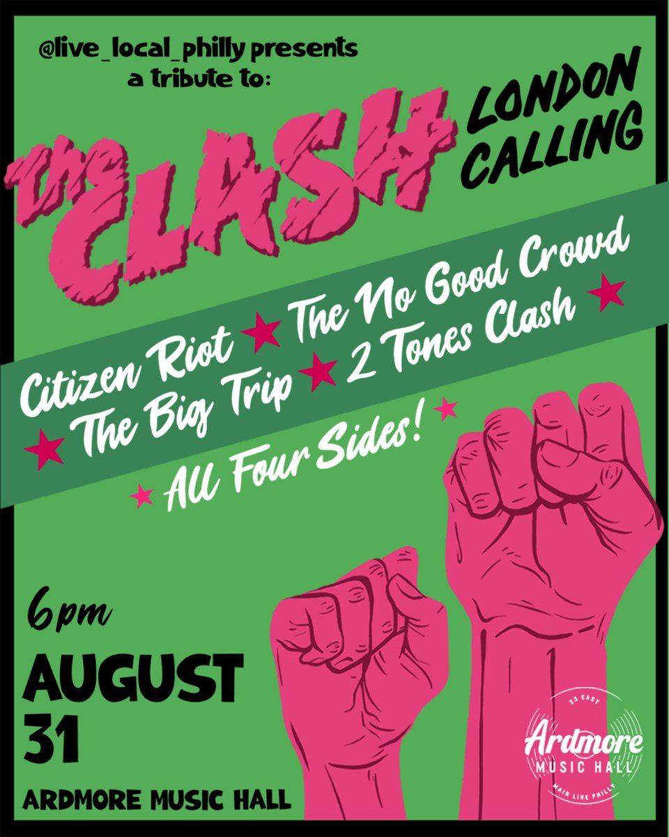 A Philly homage to The Clash rocks Philly's Main Line this summer featuring performances by Citizen Riot, The No Good Crowd, The Big Trip and 2Tones Clash 🇬🇧🎸

 🎟️ tixr.com/pr/social/1466…