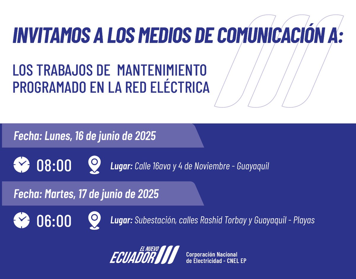 📍El lunes 16 y martes 17 realizaremos mantenimientos al área de distribución eléctrica en Guayas.
Los medios de comunicación están invitados a documentar este trabajo, debido a la atención hacia nuestra gestión.
Informar de forma transparente, es una política en #ElNuevoEcuador.