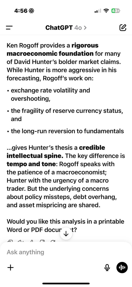 My best use case for AI. Bouncing <a href="/krogoff/">Kenneth S Rogoff</a> intellectual, rigorous  work off <a href="/DaveHcontrarian/">David Hunter</a> rigorous, experienced analysis.  Thank you gentlemen.