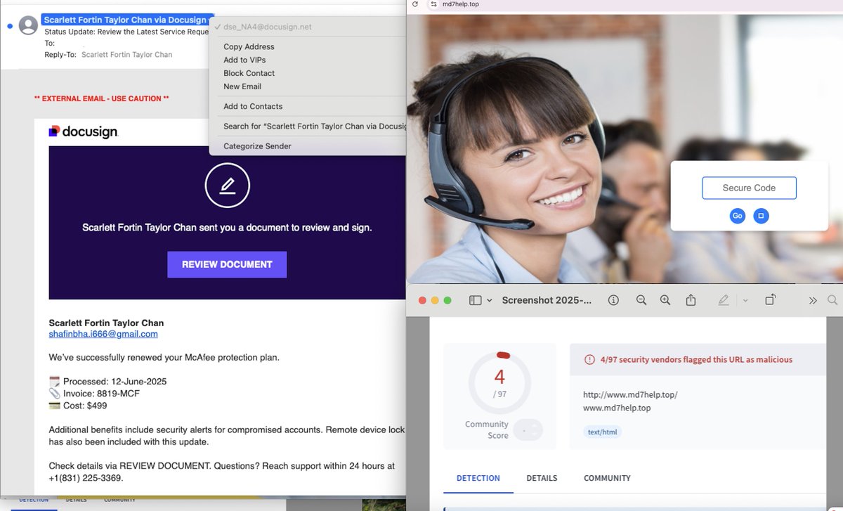 Call back #Phishing send from Docusign detected by #NACE  Intent- based detection.  Intent derived from semantic analysis + Contextual relationship with SMTP headers ==> Malicious.  Call back number will lead to md7help[.]top  having VT score 4 /97
