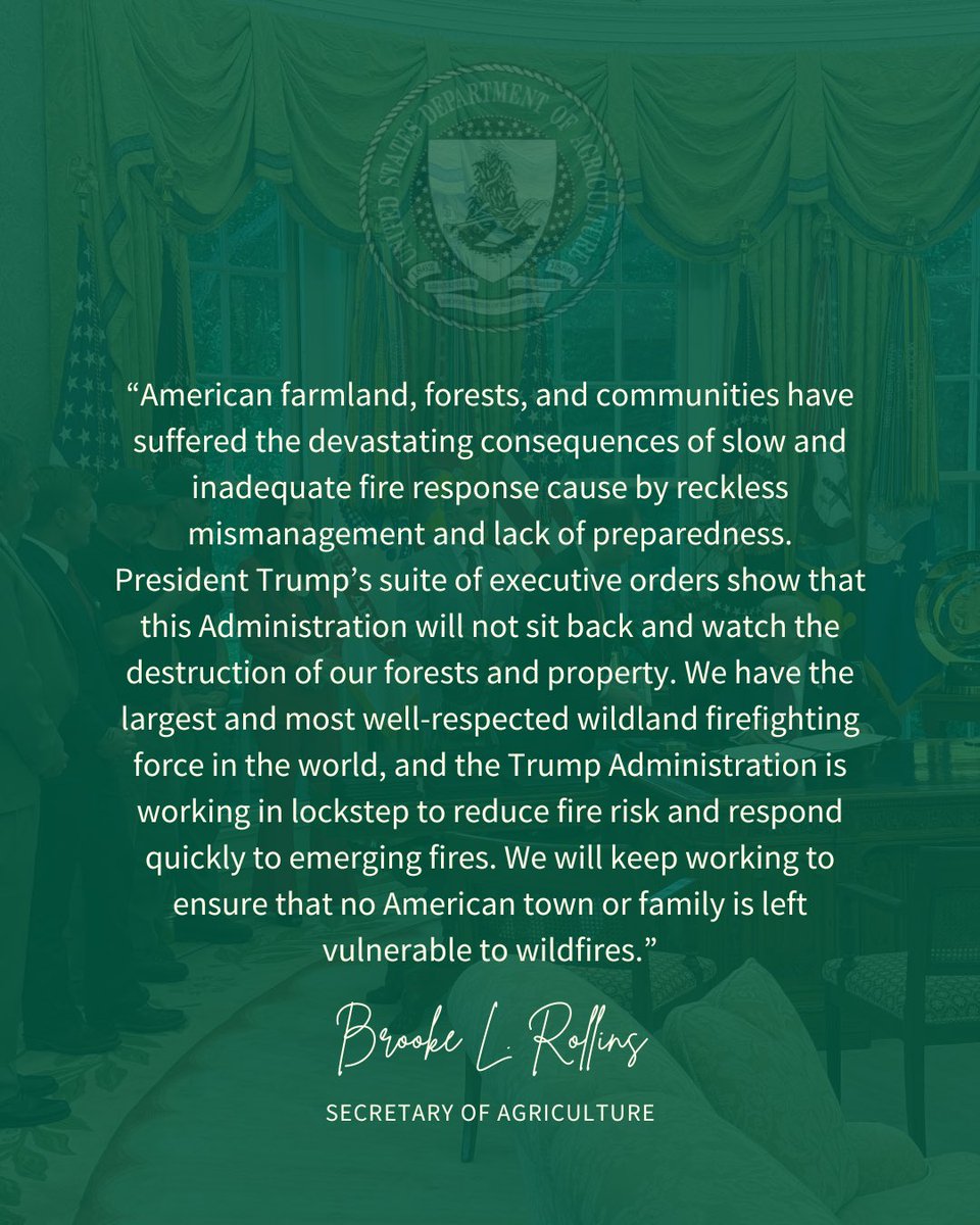 Dept. of Agriculture (@usda) on Twitter photo At the <a href="/WhiteHouse/">The White House</a> today, <a href="/SecRollins/">Secretary Brooke Rollins</a> and <a href="/SecretaryBurgum/">Secretary Doug Burgum</a> joined <a href="/POTUS/">President Donald J. Trump</a> for the signing of Executive Order "Empowering Commonsense Wildfire Prevention and Response"
➡️ usda.gov/about-usda/new… At the <a href="/WhiteHouse/">The White House</a> today, <a href="/SecRollins/">Secretary Brooke Rollins</a> and <a href="/SecretaryBurgum/">Secretary Doug Burgum</a> joined <a href="/POTUS/">President Donald J. Trump</a> for the signing of Executive Order "Empowering Commonsense Wildfire Prevention and Response"
➡️ usda.gov/about-usda/new…