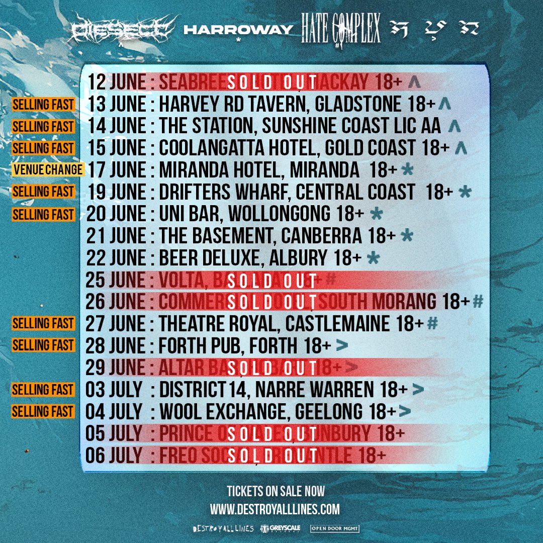 Australian Tour ticket/venue info updates below! 

🙏South Morang, Hobart &amp; Fremantle have SOLD OUT
🚨Venue change from Caringbah Hotel to Miranda Hotel
😱Extra tickets have been released for Sunshine Coast.

Grab a ticket and we will see you on the road!