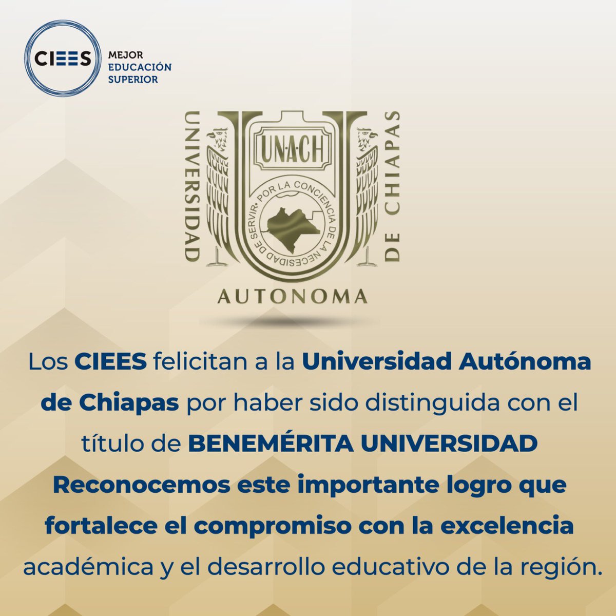 Extendemos nuestra felicitación a la <a href="/UACHMx/">UACH</a> por recibir el la distinción de Benemérita Universidad Autónoma de Chiapas. 

¡Enhorabuena! 👏🏻👏🏻