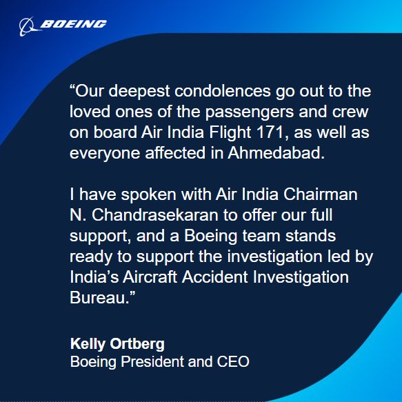 triphittz's tweet photo. A statement from #Boeing President and CEO Kelly Ortberg on #AirIndia India #Flight171 #Ahmedabad #AhmedabadPlaneCrash https://t.co/w81tV0gmnv