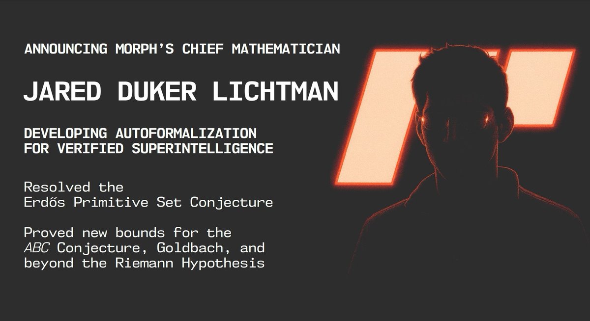 Morph (@morph_labs) on Twitter photo We're excited to welcome <a href="/jdlichtman/">Jared Duker Lichtman</a> to Morph as our chief mathematician, where he will shorten the way to verified superintelligence. We're excited to welcome <a href="/jdlichtman/">Jared Duker Lichtman</a> to Morph as our chief mathematician, where he will shorten the way to verified superintelligence.