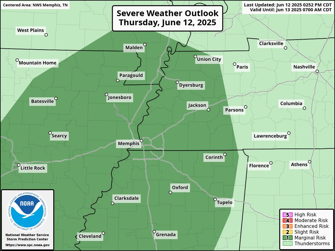 LafayetteEMA's tweet image. 🌩️Lafayette County is at a marginal risk for severe weather this evening (6/12/25). We could see thunderstorms pop up, and some could be strong. Stay weather aware and have multiple ways to receive alerts.⛈️