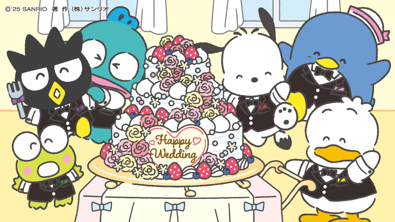 ポチャッコ「ジューンブライドだね〜！」
サム「みんなお幸せに〜♡」
ペックル「最高の1日になるといいね♪ 」
ばつ丸「まずはオレさまが味見を…っと！」
ハンギョドン「ばつ丸ダメ〜！」
けろっぴ「みんな素敵な1日をー！」
#はぴだんぶい