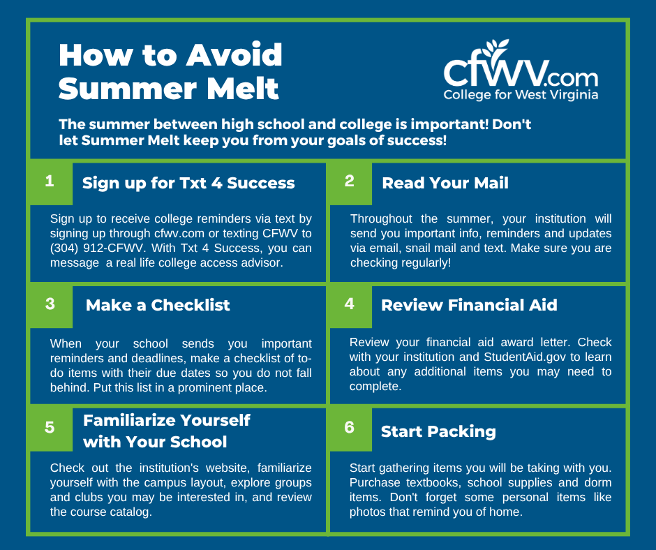 🎓 Headed to college this fall? Don’t let Summer Melt get in your way! 🌞

Follow these simple steps and stay on track for a smooth transition to college life. 📚