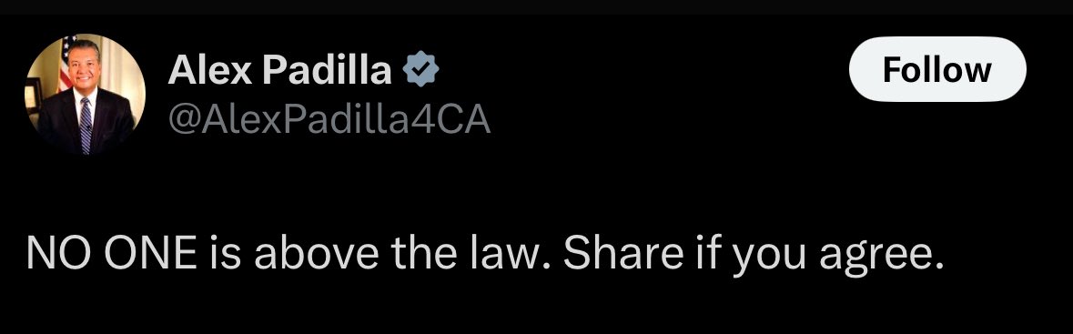 <a href="/SenAlexPadilla/">Senator Alex Padilla</a> You had it coming.