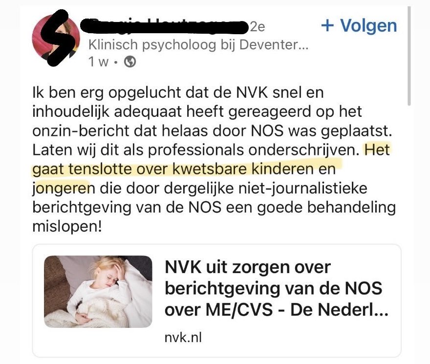 ondertussen op LinkedIn.

Blijf het een van de weirdste reacties vinden: ‘het gaat op kwetsbare kinderen!!’ De NVK gebruikte hem ook. 

Waarom is dit een reden om niet in te gaan op signalen van iatrogene schade? Juist als het om kwetsbare kinderen gaat neem je dat toch serieus.