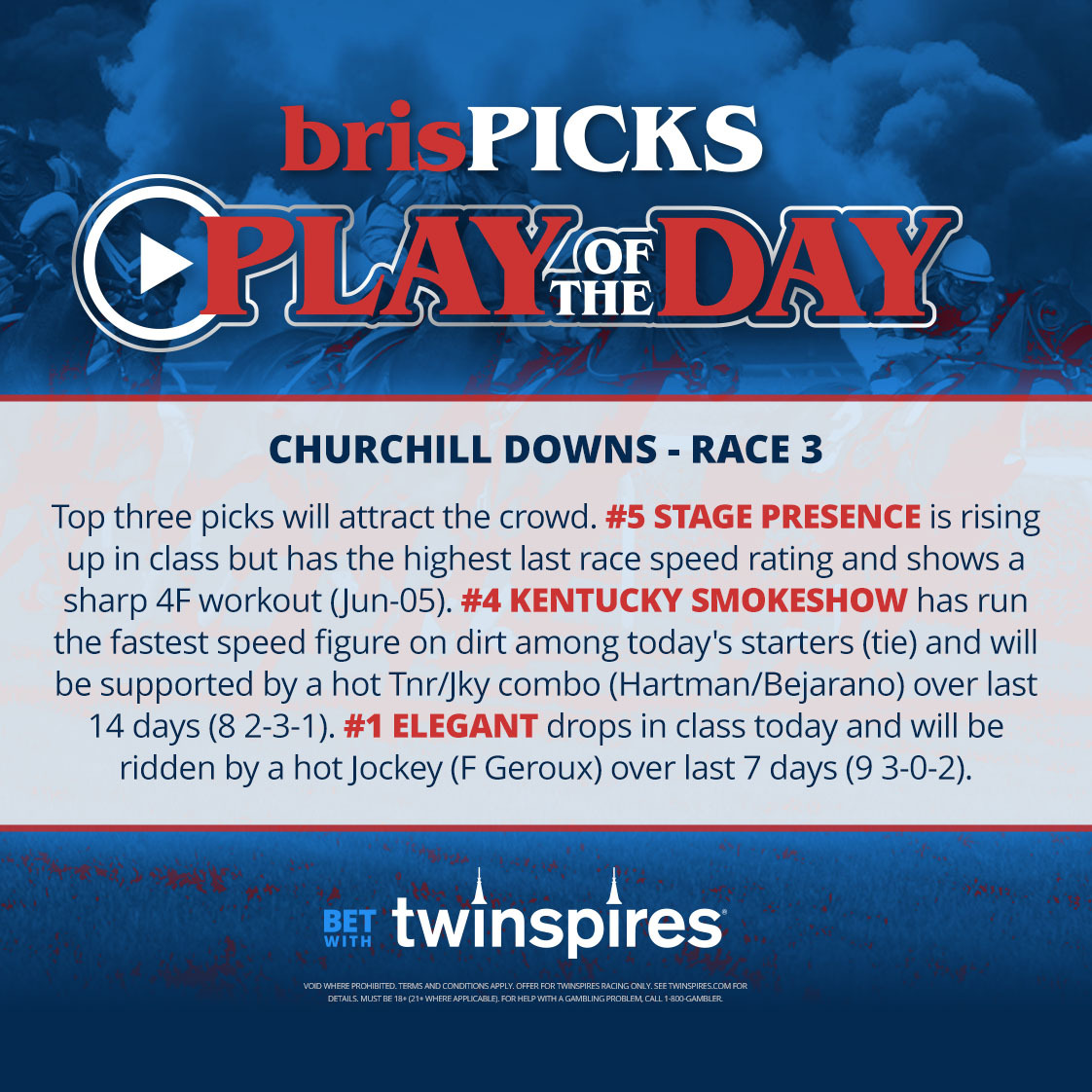 Brisnet.com (@brisnet) on Twitter photo Today's brisPICKS play of the day comes in race 3 at <a href="/ChurchillDowns/">Churchill Downs</a>! π
Get TRIPLE rewards points when you bet with <a href="/TwinSpires/">TwinSpires Racing π</a> π°
π spr.ly/60194zDE1 Today's brisPICKS play of the day comes in race 3 at <a href="/ChurchillDowns/">Churchill Downs</a>! π
Get TRIPLE rewards points when you bet with <a href="/TwinSpires/">TwinSpires Racing π</a> π°
π spr.ly/60194zDE1