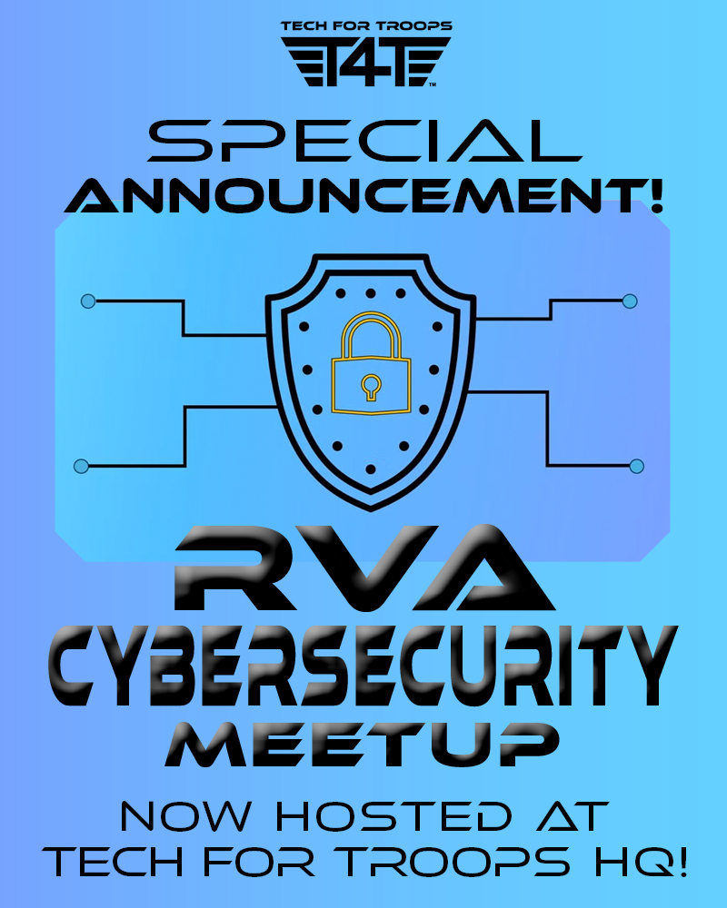 Interested in cybersecurity? 🛡️ Join the RVA Cybersecurity Meetup hosted at Tech For Troops HQ this Saturday! Great convo, great people.
Details 👉 bit.ly/3zYH6mK
#CyberSecurity #RVACyber #TechForTroops #RVAtech