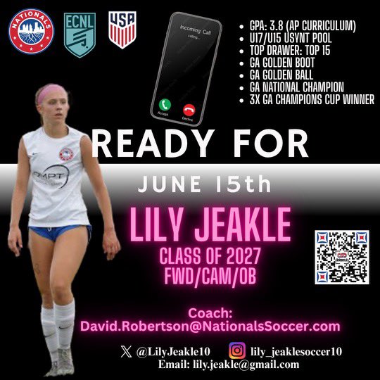 Lily Jeakle: 🎓 2027 ⚽️ ST/CAM/OB (@lilyjeakle10) on Twitter photo Really excited for 6/15!! Hoping to hear from some interested programs!
<a href="/NationalsGA/">Nationals Girls Academy</a> <a href="/CoachDR7/">David Robertson</a> <a href="/ECNLgirls/">ECNL Girls</a> <a href="/TopDrawerSoccer/">TopDrawerSoccer</a> <a href="/TheSoccerWire/">SoccerWire</a> <a href="/GAcademyLeague/">Girls Academy</a> <a href="/wearesoccershow/">We Are Soccer ⚽️</a> <a href="/wearesoccer_mi/">We Are Soccer Michigan</a> <a href="/misoccernetwork/">Michigan Soccer Network</a> <a href="/ImCollegeSoccer/">College Soccer Truth ™</a> <a href="/ImYouthSoccer/">ECNL/GA/Recruiting/College Soccer</a> Really excited for 6/15!! Hoping to hear from some interested programs!
<a href="/NationalsGA/">Nationals Girls Academy</a> <a href="/CoachDR7/">David Robertson</a> <a href="/ECNLgirls/">ECNL Girls</a> <a href="/TopDrawerSoccer/">TopDrawerSoccer</a> <a href="/TheSoccerWire/">SoccerWire</a> <a href="/GAcademyLeague/">Girls Academy</a> <a href="/wearesoccershow/">We Are Soccer ⚽️</a> <a href="/wearesoccer_mi/">We Are Soccer Michigan</a> <a href="/misoccernetwork/">Michigan Soccer Network</a> <a href="/ImCollegeSoccer/">College Soccer Truth ™</a> <a href="/ImYouthSoccer/">ECNL/GA/Recruiting/College Soccer</a>