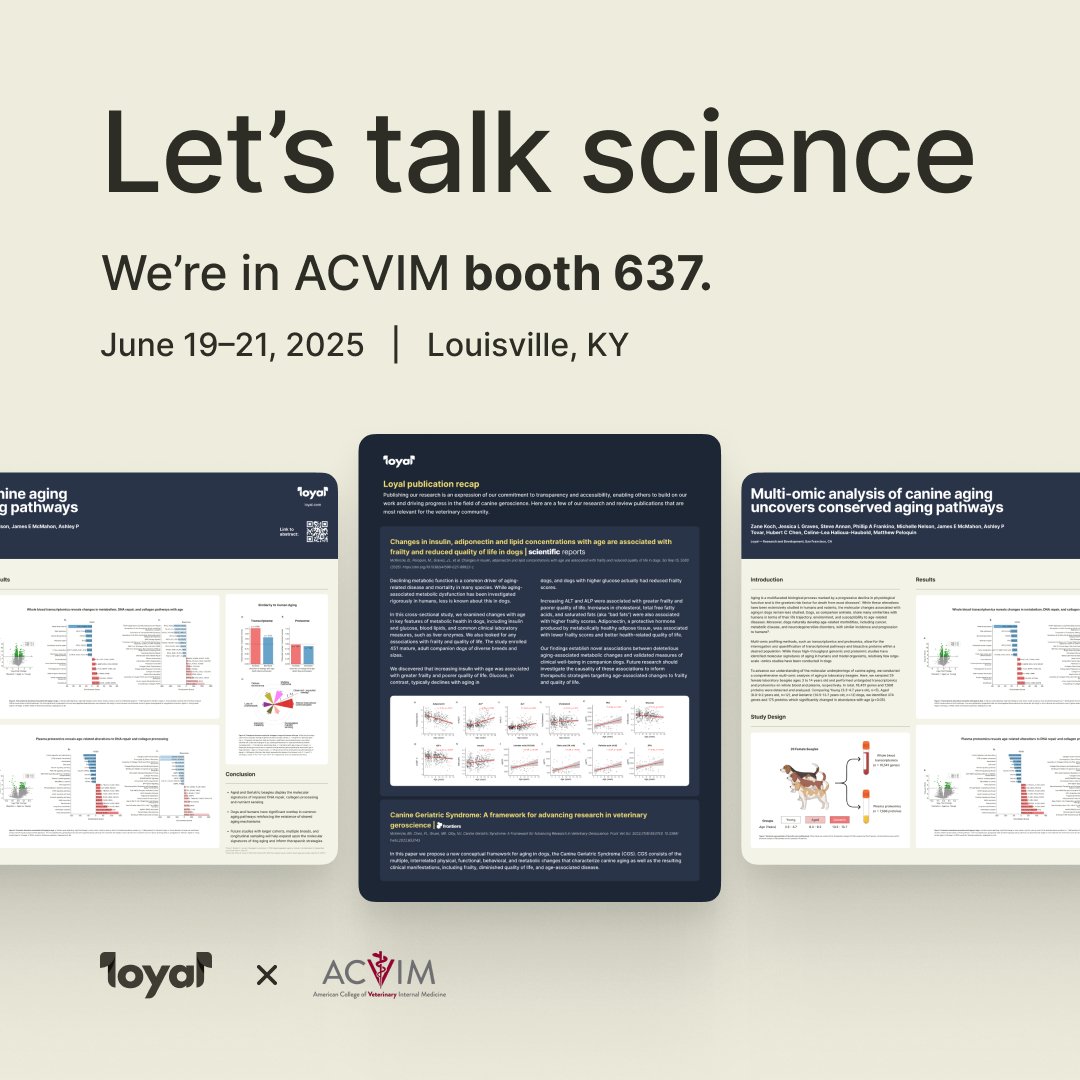 loyalfordogs's tweet image. Headed to #2025ACVIMForum? Join Loyal on June 19 for CE sessions with Dr. Brennen McKenzie + a poster by Matt Peloquin, Loyal’s VP of Research, on canine aging. Visit us at Booth 637 for study summaries & a science chat.
See our ACVIM schedule here → loyal.com/for-vets#ce-pr…