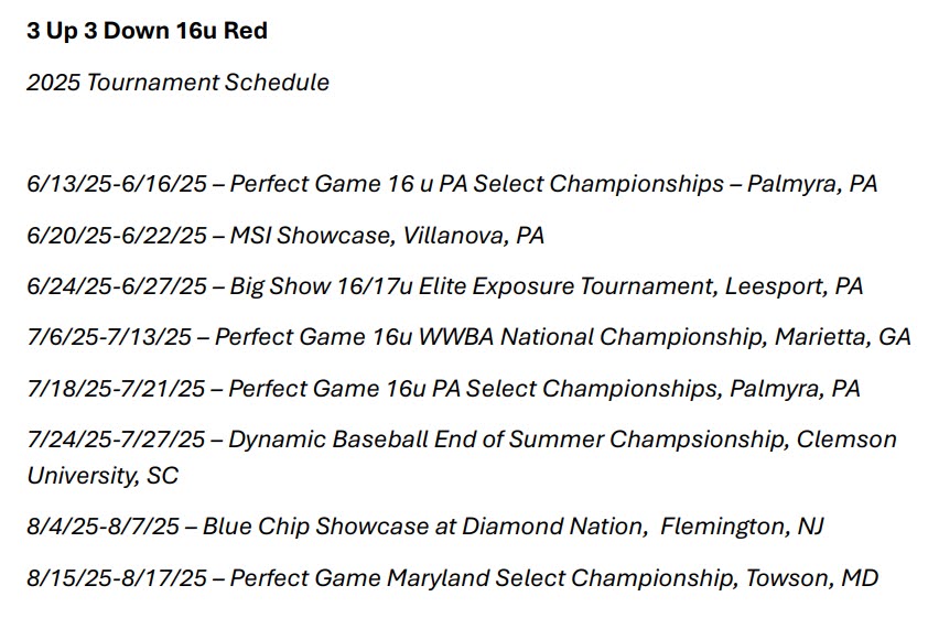 TimParker_17's tweet image. My 2025 Travel Ball Schedule with @3up_3downbb
@NextLVLProspect