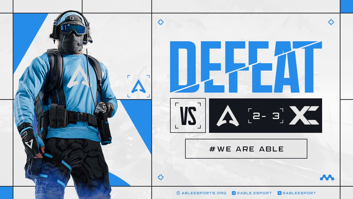 ABLE Esports (@ableesport) on Twitter photo โDEFEAT โ
Winners Round #1 | ABLE vs. <a href="/XantCorp/">Xantium Esports</a>
Score: 2 - 3
๐
11th June 2025
A hard-fought series that went the distance. We fall short in a tight BO5. GGs to Xantium.
Weโll regroup and come back stronger in the lower bracket. ๐ช#WeAreAble โDEFEAT โ
Winners Round #1 | ABLE vs. <a href="/XantCorp/">Xantium Esports</a>
Score: 2 - 3
๐
11th June 2025
A hard-fought series that went the distance. We fall short in a tight BO5. GGs to Xantium.
Weโll regroup and come back stronger in the lower bracket. ๐ช#WeAreAble