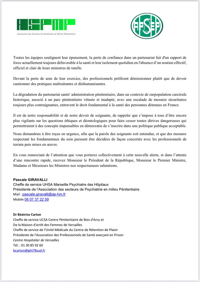 LETTRE OUVERTE AU PRESIDENT DE LA REPUBLIQUE, AU PREMIER MINISTRE, AUX MINISTRES DE LA SANTE ET AU MINISTRE DE LA JUSTICE 
<a href="/ApsepContact/">APSEP</a>