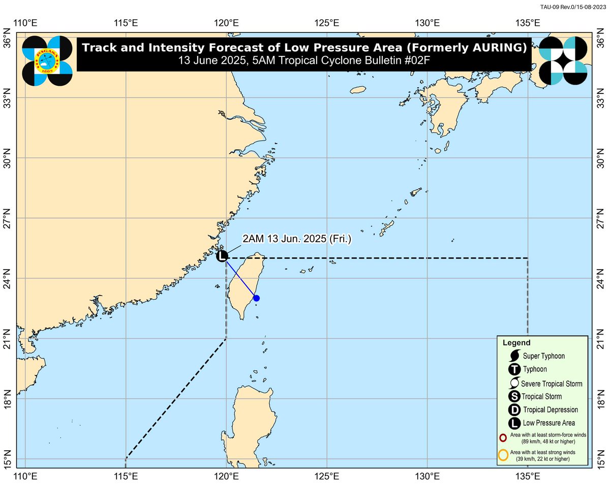 dost_pagasa's tweet photo. [Tropical Cyclone Bulletin #02F]
#AuringPH  WEAKENS INTO A REMNANT LOW.

As of 4:00 AM, The Low Pressure Area (formerly “AURING”) was estimated based on all available data at 580 km North Northwest of Itbayat, Batanes (OUTSIDE PAR) (25.7°N, 119.9°E).