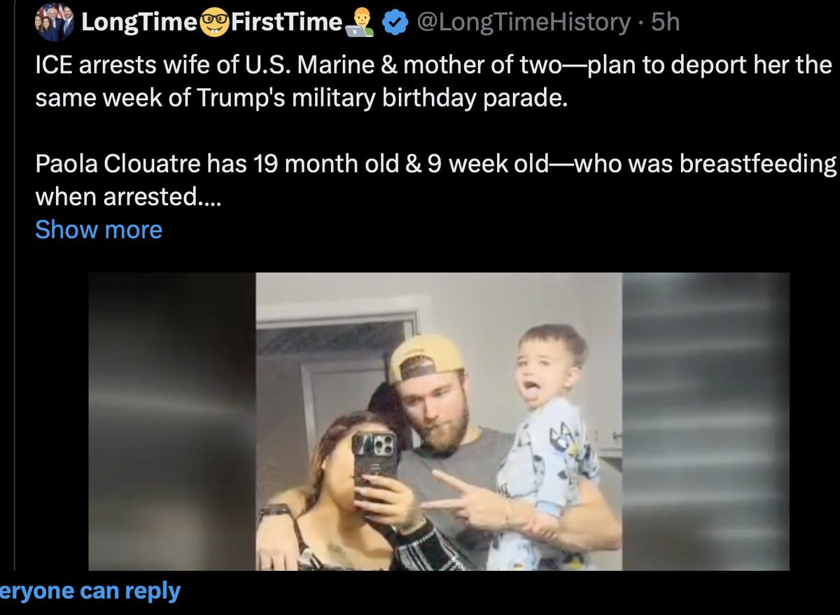 RebeccaLAnders's tweet photo. Why are they arresting married immigrants (like Melania was) at their hearings? This Marine's wife has been here for a decade. This is crazy! Breastfeeding when arrested. #ICECosplay @LongTimeHistory? #RadicalizingRacism @USMC https://t.co/h9wmjeujfq