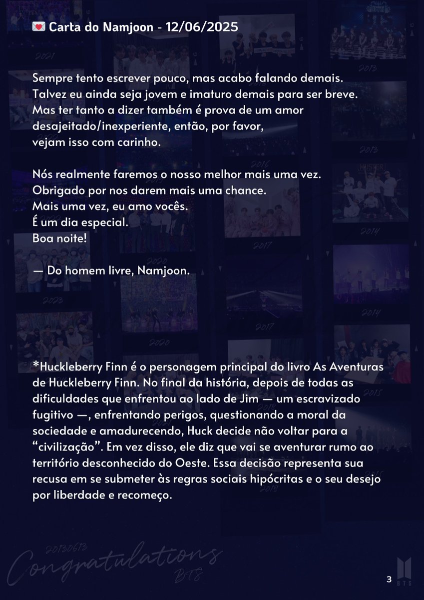 UniversBTS_'s tweet image. 💌 Tradução da carta de Namjoon:

“Todas as vezes que me deparei com uma encruzilhada onde me senti perdido,
consegui perseverar e caminhar com determinação até aqui, graças a todos vocês.

Sou grato, muito grato.”

#12YearsOfAPOBANGPO @BTS_twt 
#2025BTSFESTA #BTS12thAnniversary