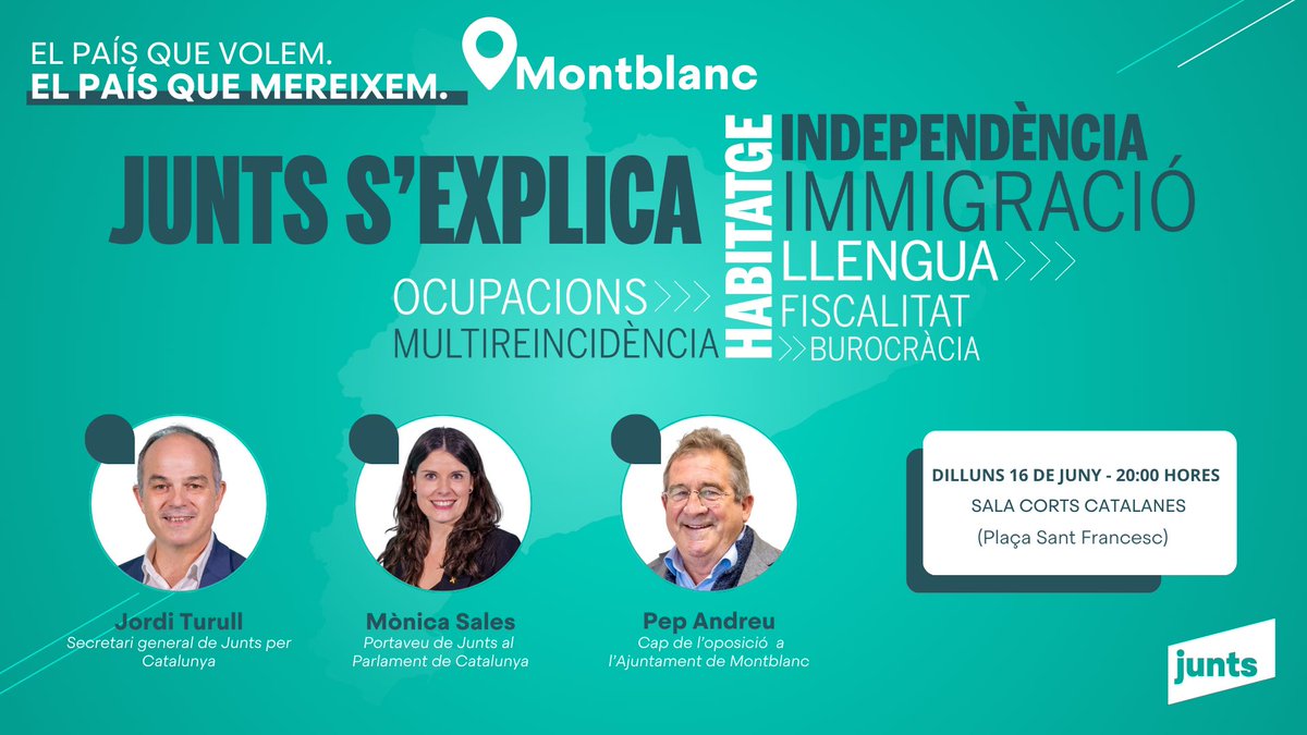 Junts s’explica arriba a Montblanc. Dilluns 16 de juny, a les 20:00 h, a Sant Francesc a Montblanc, Junts per Catalunya fa parada amb la seva gira nacional que té com a objectiu reforçar el vincle entre el partit i la ciutadania.