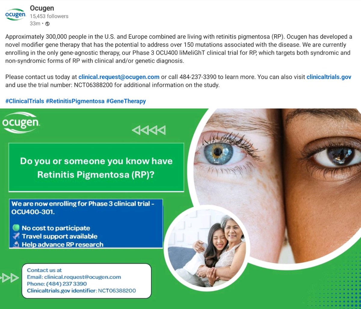BBV152's tweet photo. $OCGN To anyone with RP, no matter what mutation you have... There is finally hope! #Ocugen https://t.co/w5jbdwFGA4