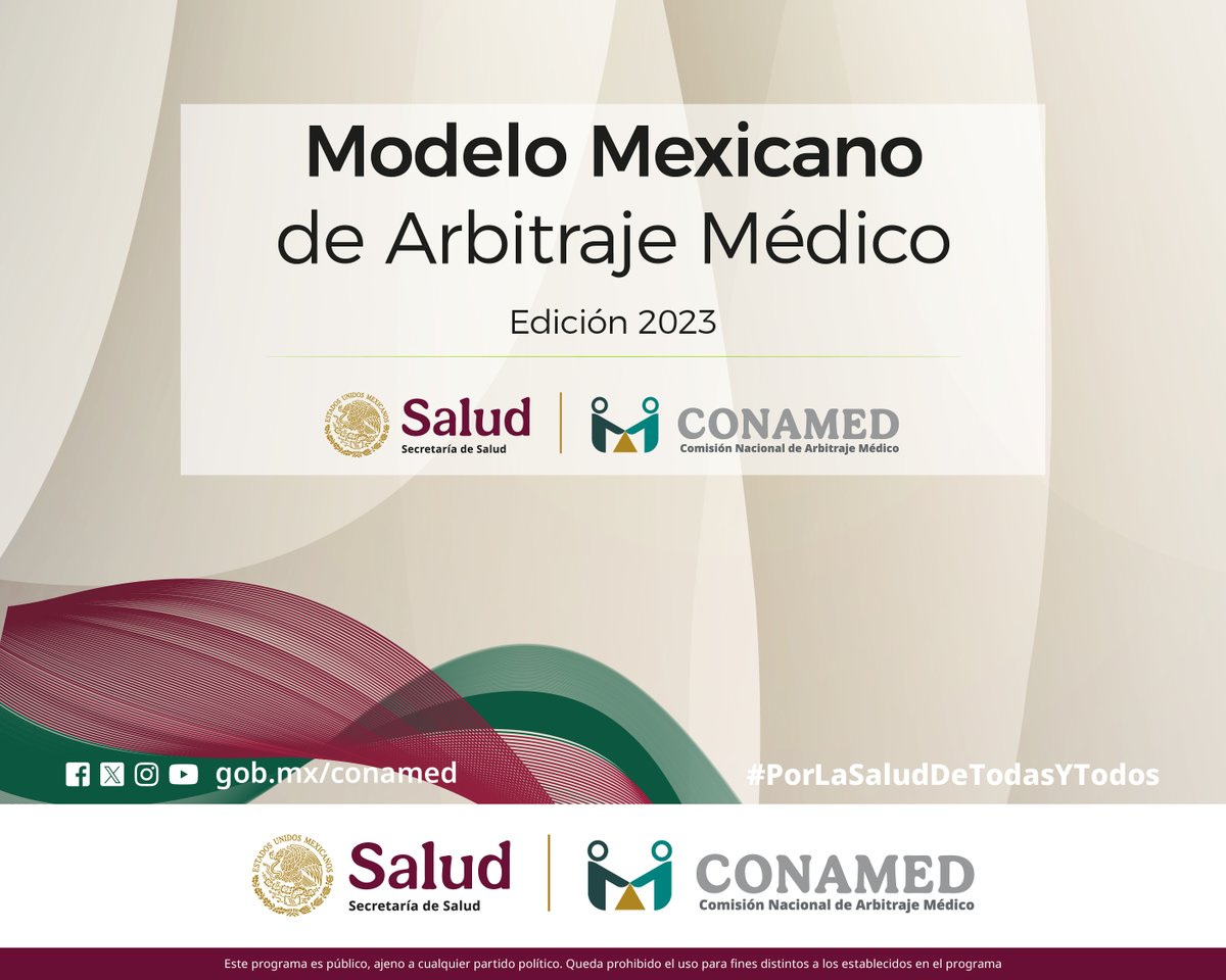 CONAMED_SALUD's tweet photo. Conoce el “#ModeloMexicanoDeArbitrajeMédico, Edición 2023”, encabezado por la #CONAMED, en coordinación con las Comisiones Estatales de Mediación, Conciliación y Arbitraje Médico y aprobado en el #CMAM 👉 https://t.co/I60l6o2nwM ⚖️🩺
#ArbitrajeMédico https://t.co/t1GgtnRPyb