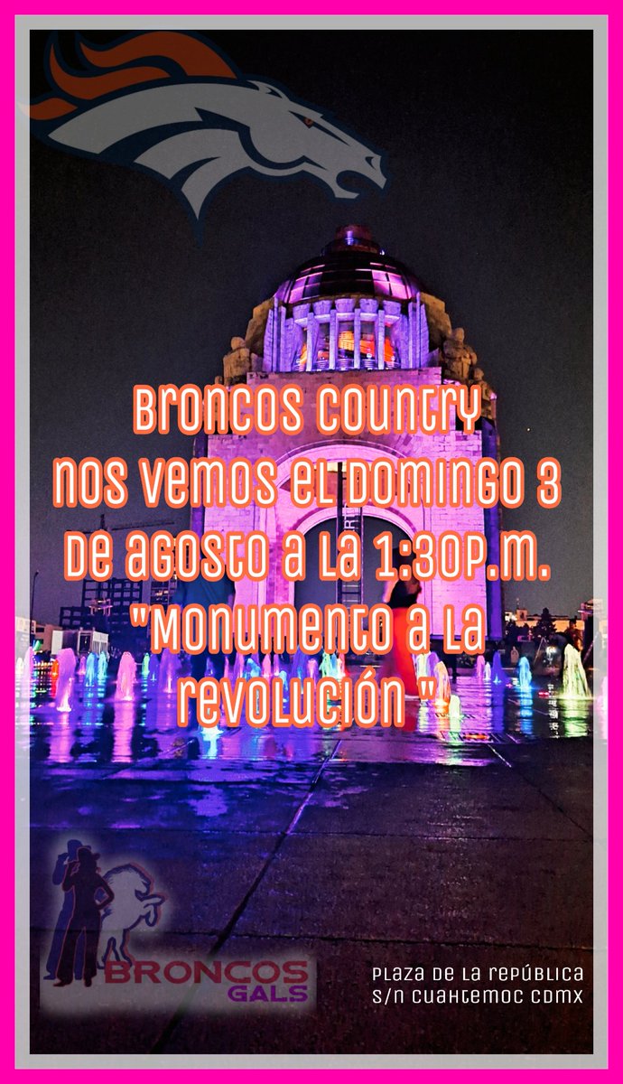Broncos Gals (@broncosgals) on Twitter photo Bronco amigos <a href="/BroncosEspanol/">Broncos En Español</a> convoca a la asistencia para la foto anual de fanáticos de nuestros <a href="/Broncos/">Denver Broncos</a> 🧡💙🐴📸
El domingo 3 de agosto a la 1:30 p.m. en el monumento a la revolución 🇲🇽 ¡ahí nos vemos!
#MéxicoEsBroncosCountry Bronco amigos <a href="/BroncosEspanol/">Broncos En Español</a> convoca a la asistencia para la foto anual de fanáticos de nuestros <a href="/Broncos/">Denver Broncos</a> 🧡💙🐴📸
El domingo 3 de agosto a la 1:30 p.m. en el monumento a la revolución 🇲🇽 ¡ahí nos vemos!
#MéxicoEsBroncosCountry