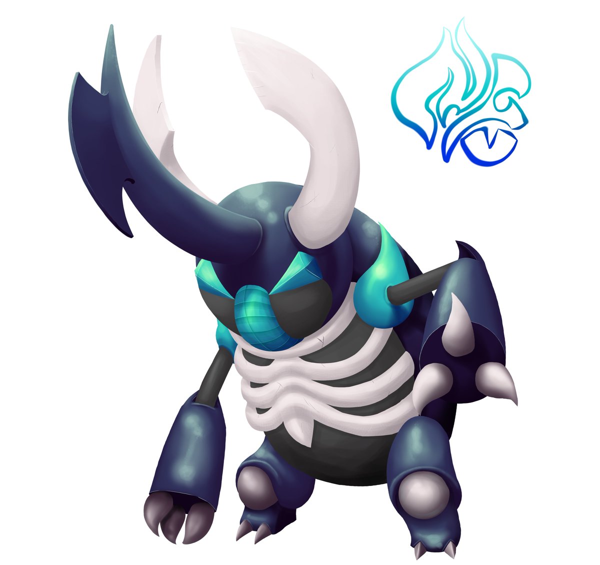 NotoriousFuego's tweet photo. Throwing my hat in the ring for giving Pincir his well-deserved evolution! Say hi to "Guillyrant" ✨ (from guillotine and tyrant). An aggressive dark/bug mon that fearlessly hunts evil spirits and the creatures that stalk in the night.  #fakemon https://t.co/OcMxgzXUsr